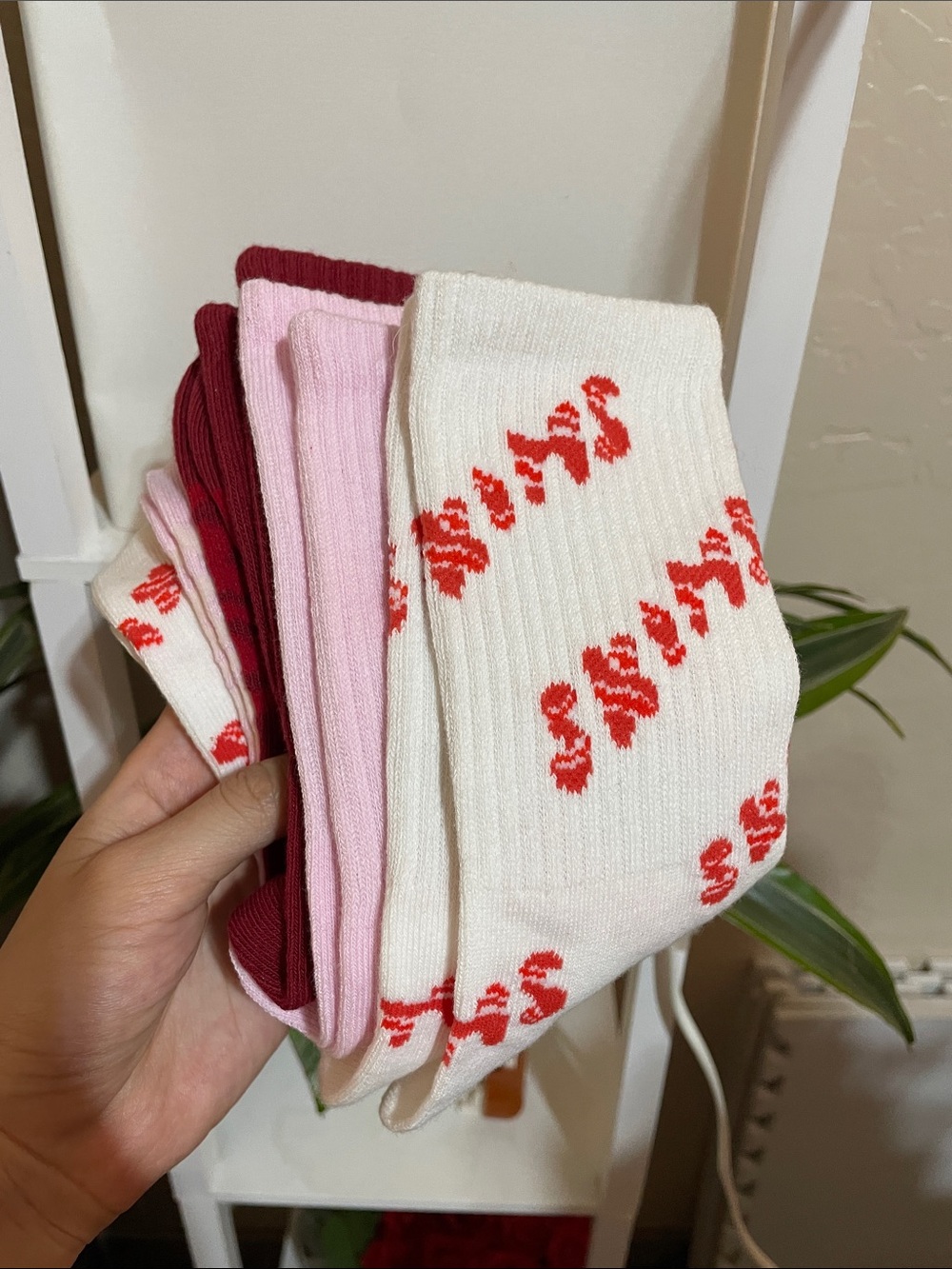 SKIMS White, Pink, and Burgundy Ribbed Sock Set